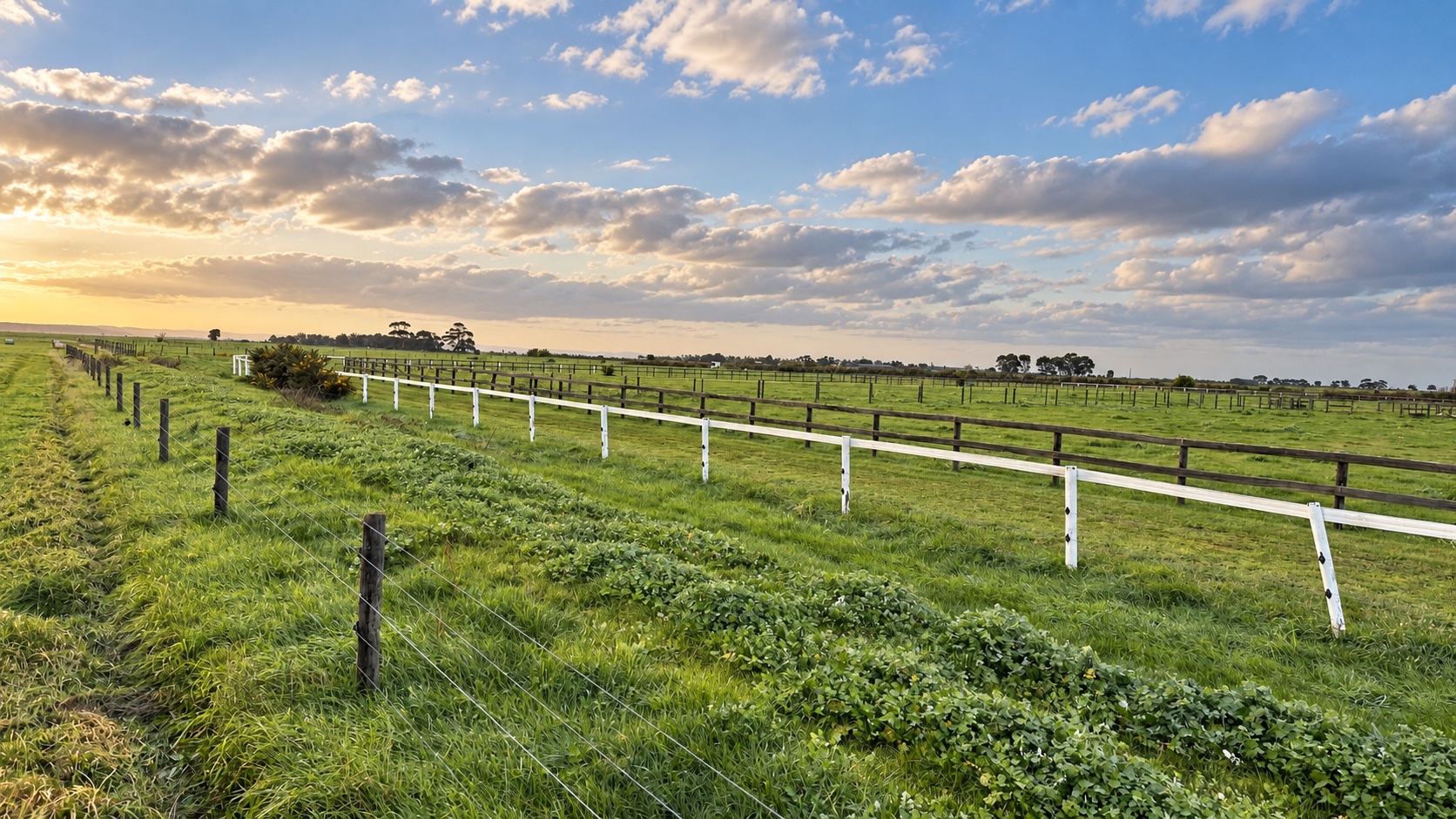 Green individual horse paddocks with secure post-and-rail fencing